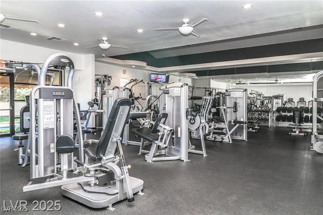 exercise room featuring ceiling fan, recessed lighting, and visible vents