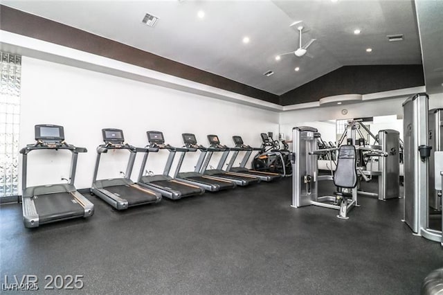 exercise room with ceiling fan, lofted ceiling, recessed lighting, and visible vents