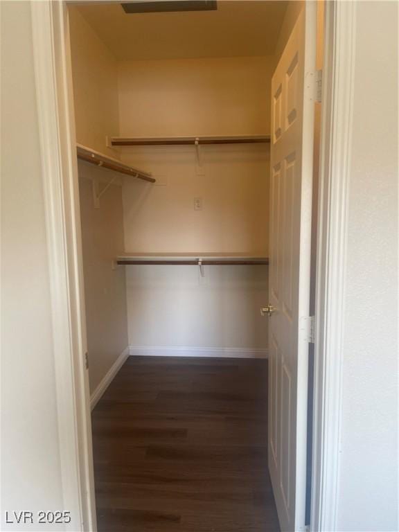 walk in closet with dark wood finished floors