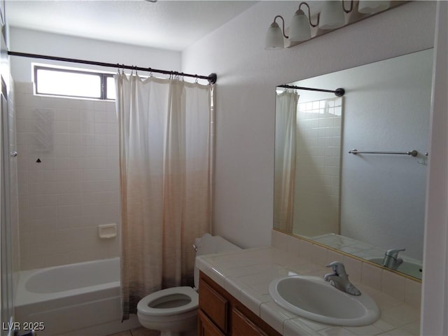 full bath featuring vanity, shower / bathtub combination with curtain, and toilet