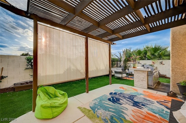 view of patio / terrace featuring a fenced backyard, a pergola, and area for grilling