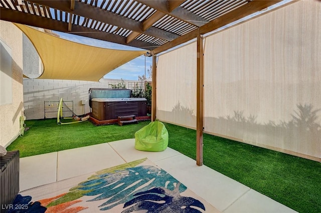view of patio / terrace with a fenced backyard, a pergola, and a hot tub