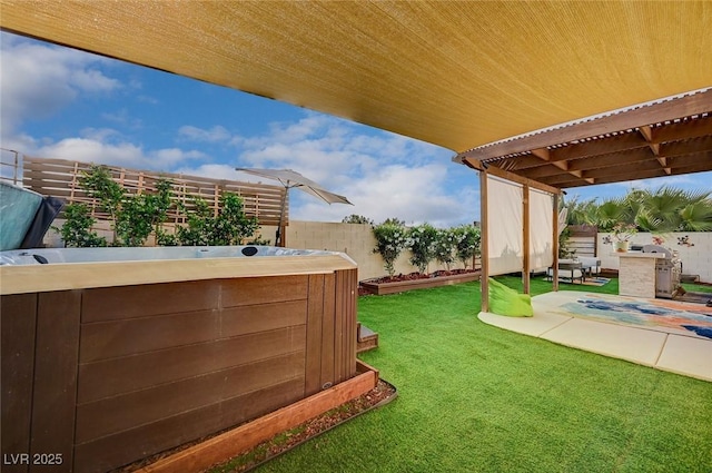 view of yard with a fenced backyard, a patio, and a hot tub