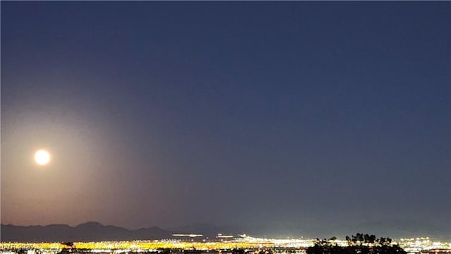 aerial view at twilight featuring a view of city lights