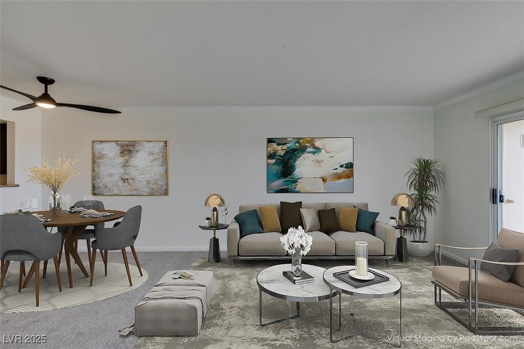 8070 W Russell Rd Unit 2026, Las Vegas, NV 89113 - carpeted living area featuring crown molding and ceiling fan