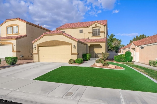 mediterranean / spanish house with a tile roof, a garage, stucco siding, a front yard, and concrete driveway