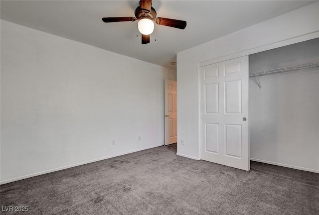 unfurnished bedroom featuring a closet, carpet flooring, baseboards, and ceiling fan