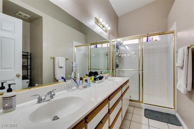 2595 Fort Lauderdale Dr, Las Vegas, NV 89156 - bathroom with tile patterned flooring, a stall shower, double vanity, and toilet