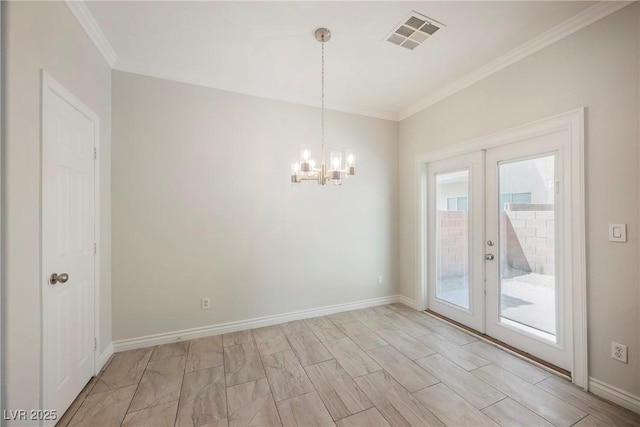 unfurnished dining area with french doors, visible vents, crown molding, baseboards, and a notable chandelier