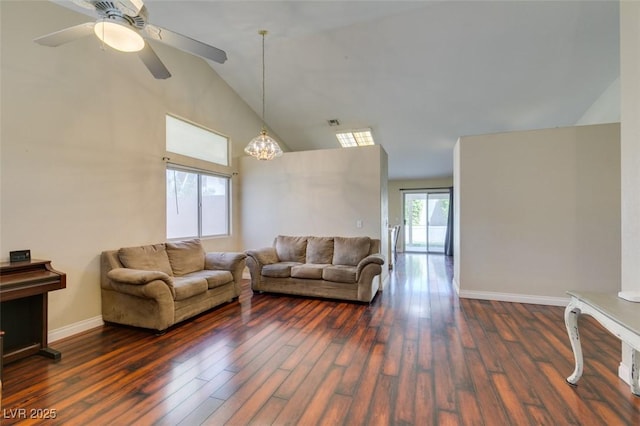 living area featuring high vaulted ceiling, baseboards, a ceiling fan, and wood finished floors