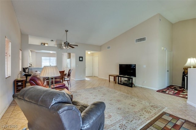 2805 Rungsted St, Las Vegas, NV 89142 - living room featuring visible vents, baseboards, ceiling fan, and light tile patterned floors