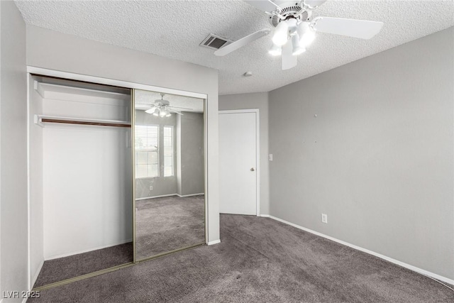 6428 Yarmouth Dr, Las Vegas, NV 89108 - unfurnished bedroom featuring ceiling fan, a textured ceiling, carpet, visible vents, and a closet