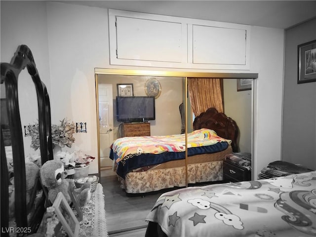 bedroom with wood finished floors and a closet