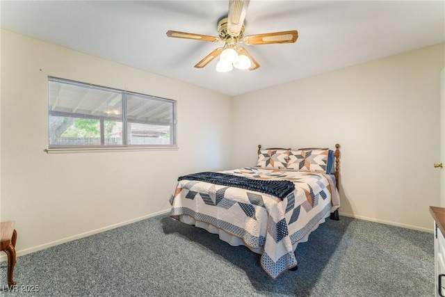bedroom featuring baseboards, ceiling fan, and carpet