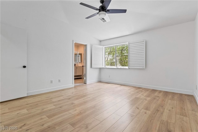 unfurnished bedroom with light wood-style floors, baseboards, ensuite bathroom, and visible vents