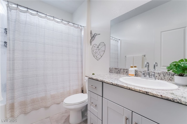 full bathroom featuring toilet, vanity, shower / bath combo with shower curtain, and tile patterned floors