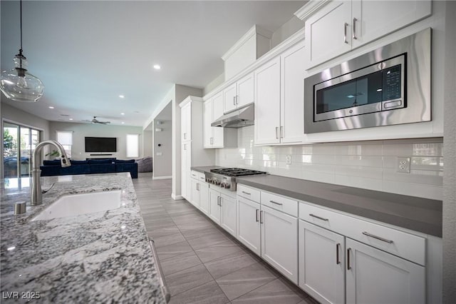 12018 Vento Forte Ave, Las Vegas, NV 89138 - kitchen with stainless steel appliances, a sink, under cabinet range hood, open floor plan, and backsplash