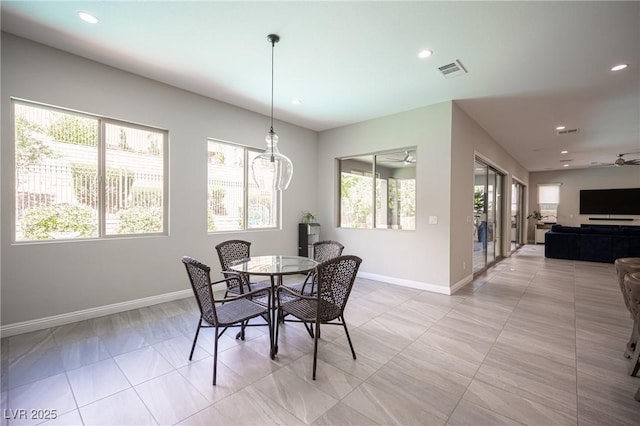 12018 Vento Forte Ave, Las Vegas, NV 89138 - dining room with baseboards, recessed lighting, light tile patterned floors, and ceiling fan