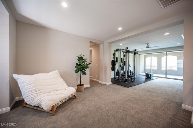 12018 Vento Forte Ave, Las Vegas, NV 89138 - workout area featuring carpet flooring, baseboards, recessed lighting, and ceiling fan