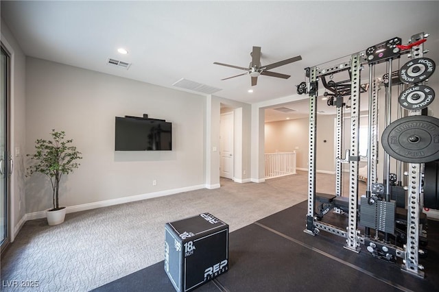 12018 Vento Forte Ave, Las Vegas, NV 89138 - exercise area featuring ceiling fan, carpet, baseboards, and recessed lighting