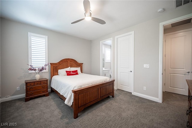 12018 Vento Forte Ave, Las Vegas, NV 89138 - bedroom with carpet flooring, ensuite bathroom, baseboards, and ceiling fan