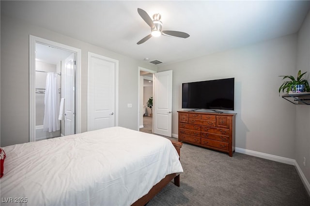 12018 Vento Forte Ave, Las Vegas, NV 89138 - carpeted bedroom with baseboards, ceiling fan, and ensuite bathroom