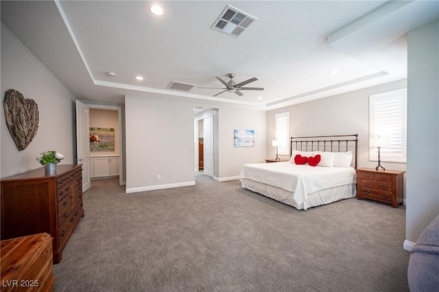 12018 Vento Forte Ave, Las Vegas, NV 89138 - bedroom featuring a raised ceiling, carpet floors, recessed lighting, baseboards, and ceiling fan