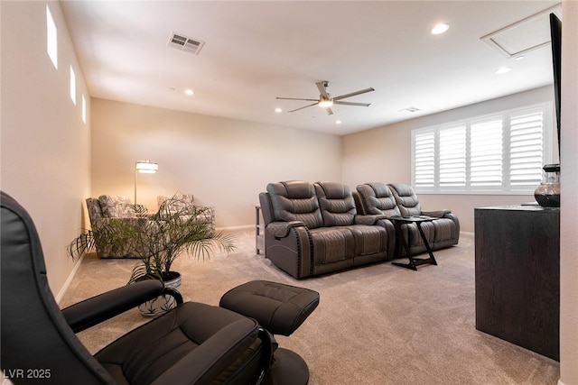 63 Via Di Mello, Henderson, NV 89011 - living room with light carpet, a ceiling fan, recessed lighting, and baseboards