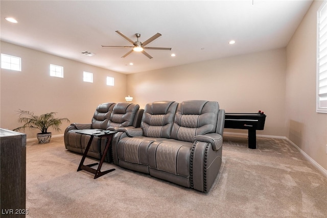 cinema featuring recessed lighting, ceiling fan, visible vents, and light carpet