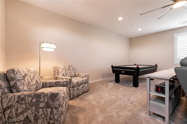 63 Via Di Mello, Henderson, NV 89011 - recreation room with light colored carpet, recessed lighting, a ceiling fan, and baseboards