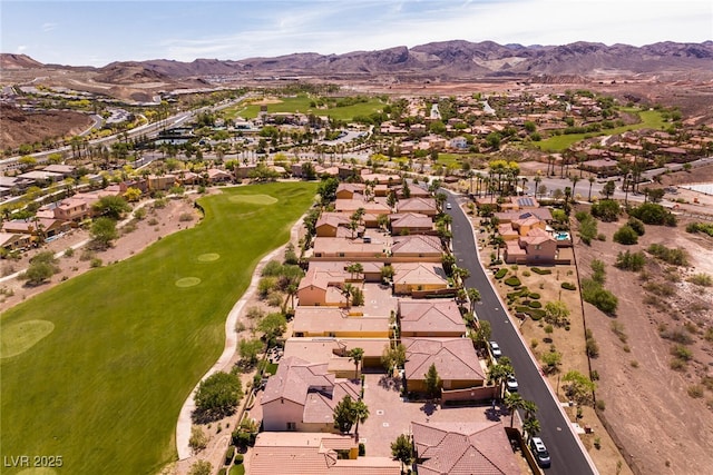 bird's eye view featuring a residential view, a mountain view, and golf course view