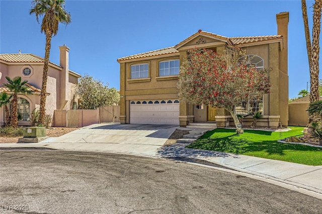 4 Bishopsgate Ter, Henderson, NV 89074 - view of front of property featuring an attached garage, concrete driveway, fence, a chimney, and stucco siding