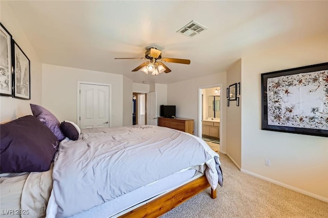 4 Bishopsgate Ter, Henderson, NV 89074 - bedroom with light colored carpet, a ceiling fan, baseboards, and ensuite bath