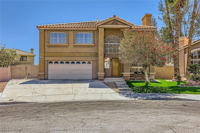4 Bishopsgate Ter, Henderson, NV 89074 - view of front facade featuring a garage, a chimney, stucco siding, and a tile roof