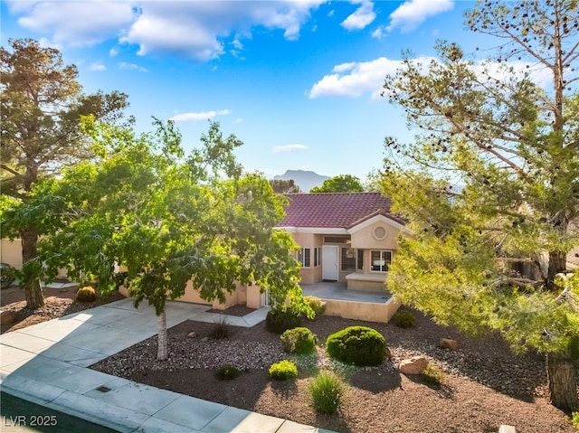 2505 Showcase Dr, Las Vegas, NV 89134 - view of front of property with stucco siding, a tiled roof, and a mountain view