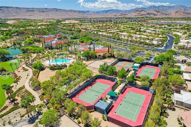 drone / aerial view featuring a mountain view and a residential view