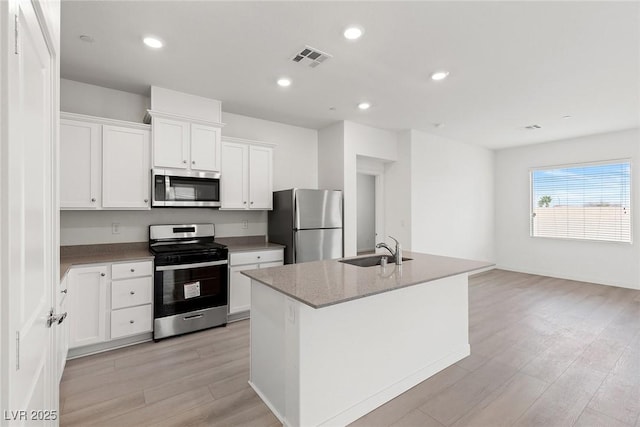 2733 Avril Point St, Las Vegas, NV 89156 - kitchen featuring visible vents, white cabinets, a sink, light wood finished floors, and stainless steel appliances