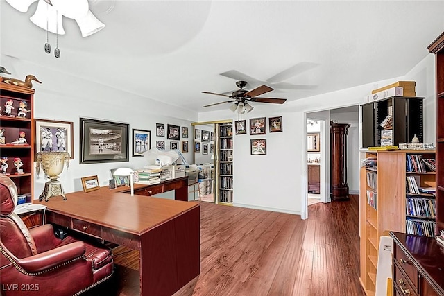 office space with ceiling fan and wood finished floors