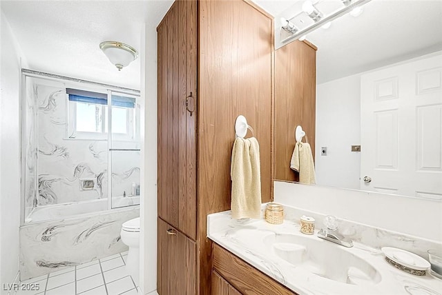 full bath with vanity, tile patterned floors, bathing tub / shower combination, and toilet