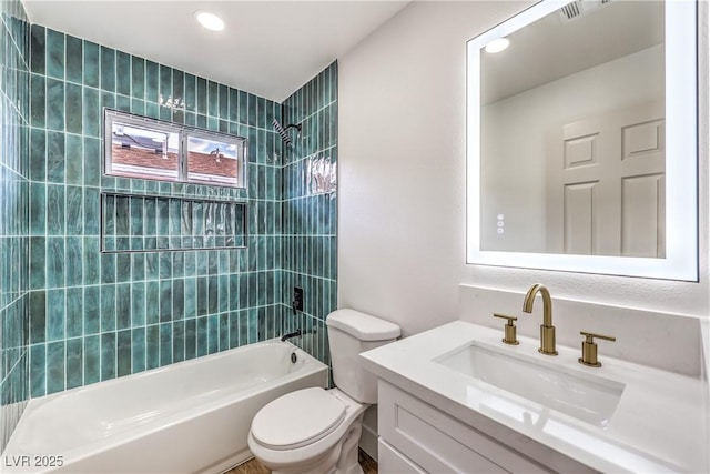 bathroom with visible vents, shower / tub combination, vanity, toilet, and recessed lighting