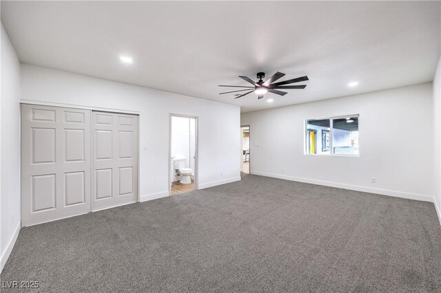 interior space with baseboards, recessed lighting, carpet, and ceiling fan