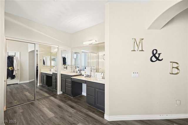 bathroom featuring vanity, baseboards, wood finished floors, and a spacious closet