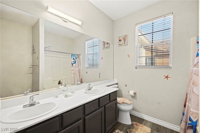 bathroom featuring plenty of natural light, a sink, wood finished floors, and toilet