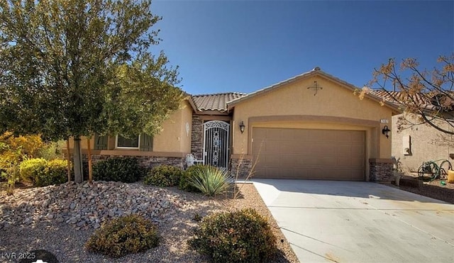 view of front of property featuring stucco siding, an attached garage, stone siding, and concrete driveway