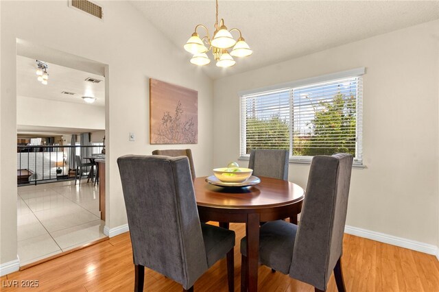 5361 Cabrito Dr, Las Vegas, NV 89103 - dining area featuring wood finished floors, lofted ceiling, a chandelier, and visible vents