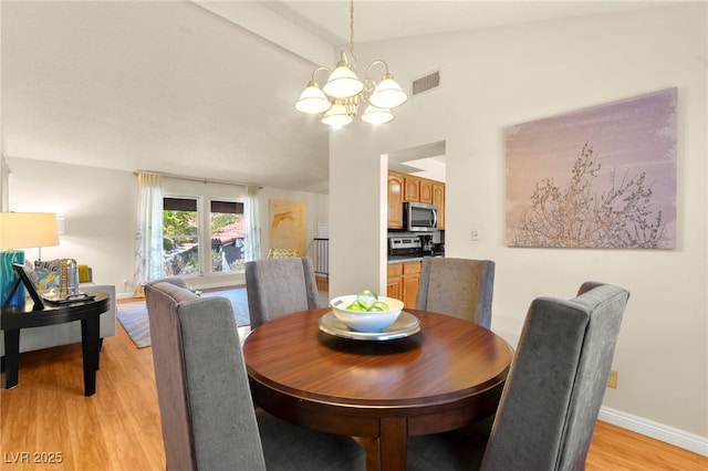 5361 Cabrito Dr, Las Vegas, NV 89103 - dining room with a chandelier, visible vents, baseboards, lofted ceiling, and light wood-style floors