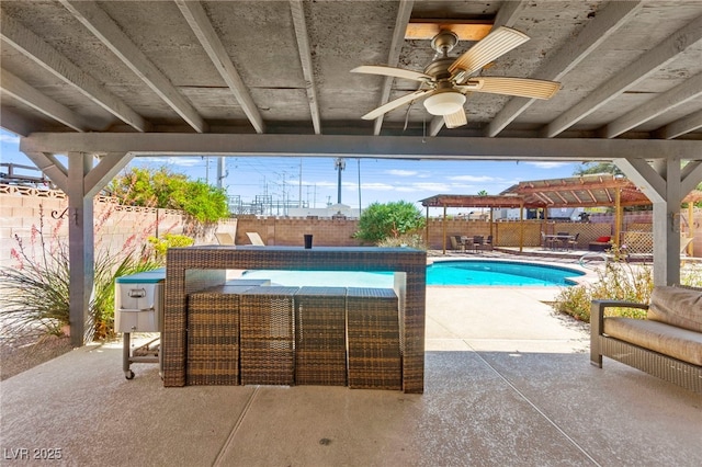 5361 Cabrito Dr, Las Vegas, NV 89103 - view of swimming pool featuring a fenced backyard, a fenced in pool, a patio, and a pergola