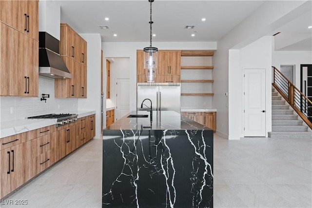 8721 Robinson Ridge Dr, Las Vegas, NV 89117 - kitchen with open shelves, modern cabinets, appliances with stainless steel finishes, tasteful backsplash, and wall chimney range hood