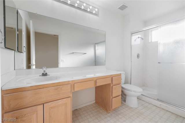 bathroom featuring tile patterned floors, a shower stall, toilet, and visible vents