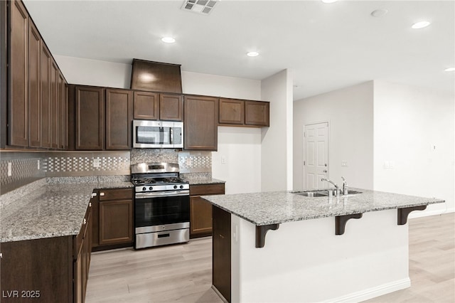 kitchen featuring visible vents, a sink, light wood-type flooring, and stainless steel appliances